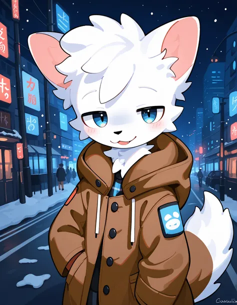 score_9, score_8_up, score_7_, score_6_up, masterpiece, best quality, solo, furry, shota, cute, young boy, BoykisserFur, white fur, seductive look, half closed eyes, bare feet, Winter fashion, brown coat, muffler, snowy night city street background, Upper ...