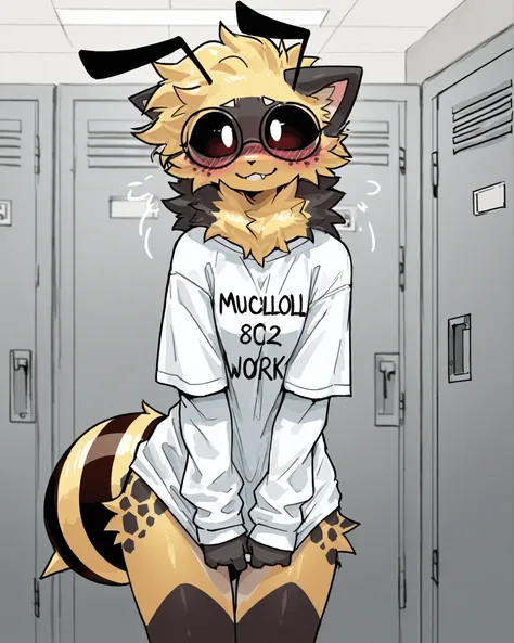 solo, (masterpiece, best quality:1.2)), Anthro, high quality, highres, absurdres, multi tone body, ((small 1 femboy))), (bee pattern on body), not safe for work, (standing), poofy fur, musculer, fit, blushing, cute, sharp eyes, big eyes, eye shadow, happy,...