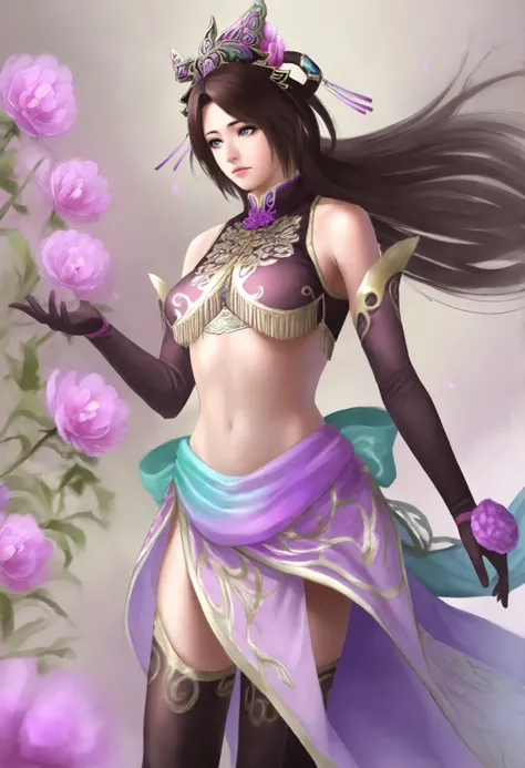 Masterpiece,top quality,amazing quality,
Diaochan,Realistic,
1girl,alone,Brown Hair,long hair,Half updo,bangs,Blue Eyes,Purple Headdress, Purple Tassel ,Purple Crop Top,Split Purple Sleeves,purple gloves ,Purple Sheer Wrap Skirt,Black Legwear,Embroidered S...