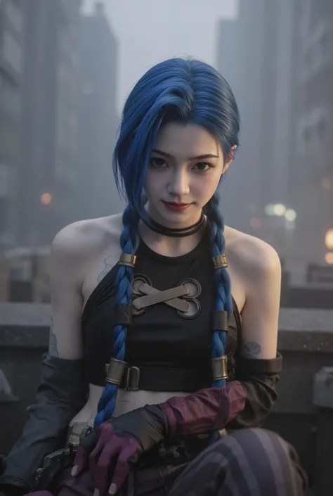 JinxA,League of Legends Jinx, smiling with my teeth bare, Innocent Smile, Sitting on top of a Gatling gun, Collapsed Building Street, 4K, 8K, ultra high definition, Realistic, photorealistic, HDR, UHD, studio lighting, extremely detailed depictions, profes...