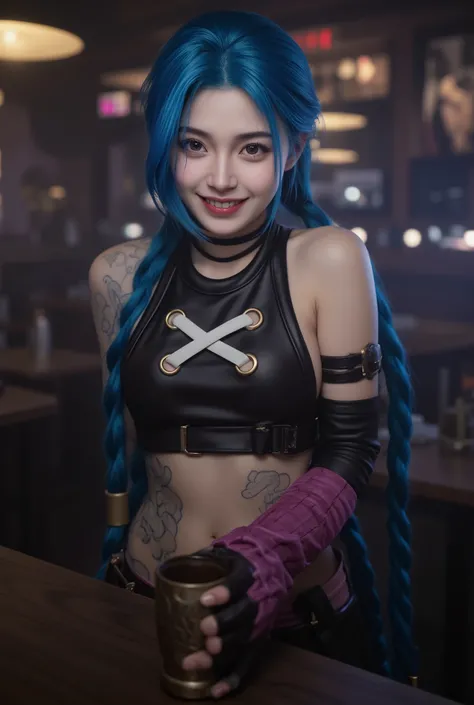 Hand,Detailed hand,Perfect hand,JinxA, Charming Jinx , smiling expression, Inside a collapsed bar: , , League of Legends character holding a large mug, Precise 4K Rendering, Realistic, extreme detail depiction, professional, vivid colors, bokeh, dark atm...