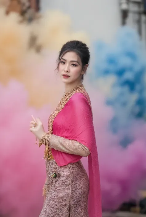 portrait of a stunning young asian woman fantasy art,The colorful smoke in background, it's like heaven_Colorful smoke spreads freely in all directions,A dress made of beautiful traditional Thai beautifully in all directions,Fantasy art created with profes...