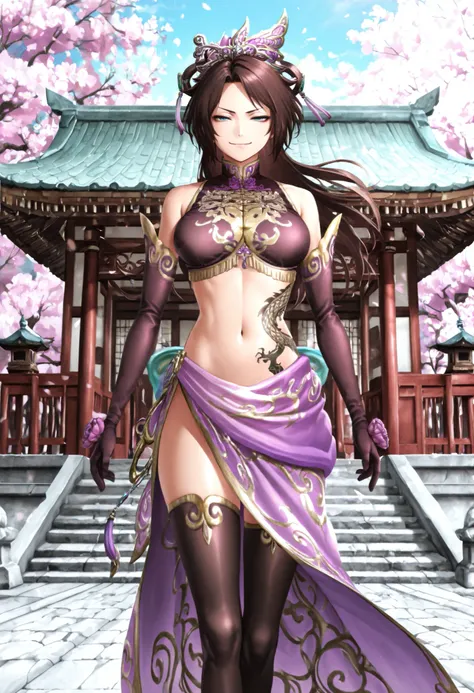 Masterpiece,top quality,amazing quality,
Diaochan,
1girl,alone,Brown Hair,long hair,Half updo,bangs,Blue Eyes,Purple Headdress, Purple Tassel ,Purple Crop Top,Split Purple Sleeves,purple gloves ,Purple Sheer Wrap Skirt,Black Legwear,Embroidered Shoes,
head...