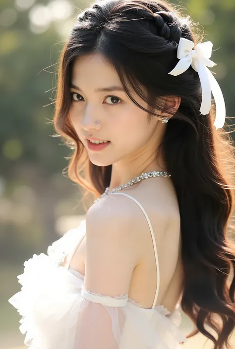 The image features a young woman with long, wavy black hair, dressed in an elegant white gown. She has a delicate and graceful appearance, with a soft expression on her face as she gazes slightly towards the camera. Her dress is adorned with lace and sheer...