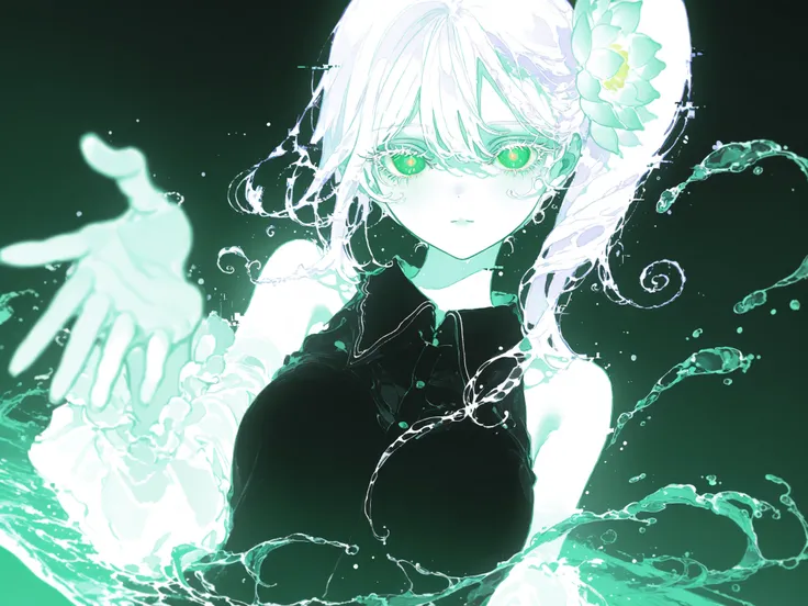 masterpiece, Highest Quality, Great Quality, absurd, Super Detailed, very beautiful, Newest, 1girl, green eyes, white hair, Side Ponytail, medium boobs, expressionless, hair flower, Lotus, Collared Dress, black dress, Remove sleeve, white sleeve, long slee...