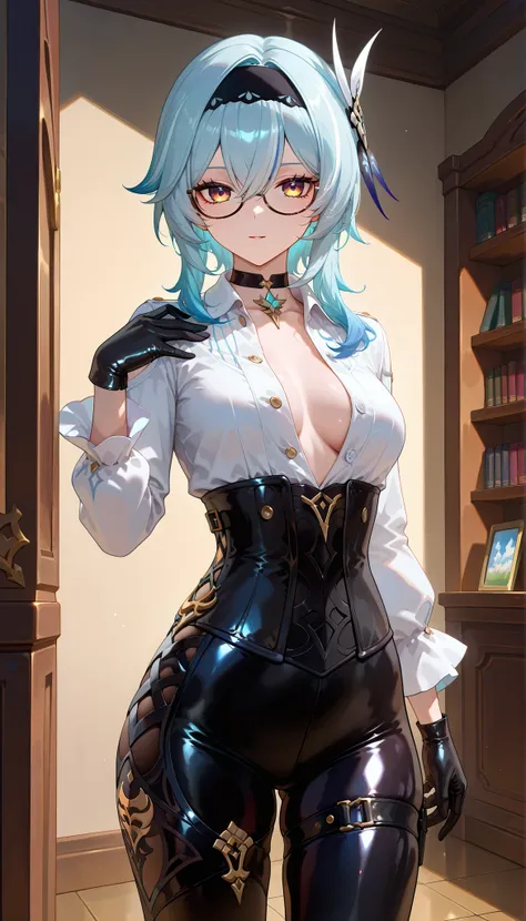 ((dark filter)), BREAK EulasDxL,a Woman, Alone, pose sexy, looking at the spectator, Seductive expression, eyeglasses, hair ornament, thighhighs, Gloves, long sleeves white, blue hair, yellow eyes, headband, medium hair, , , thigh harness, black headban...