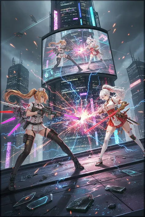 illuminated by neon lights floating on the roof of the cyberpunk building, Two girls face each other in battle along with intense combat effects. of female warriors, , a huge display screen in the building opposite {x} shows the battle from a different angle, with intense battle effects, sparks floating in the sky, and scattered shards
Dynamic angle,masterpiece,Highest Quality,rich contrast,high image quality,8k,High Definition CG Unit Wallpaper,texture,unbelievably absurd,RAW images,Deep Border 1 .2,Very detailed,macro shot