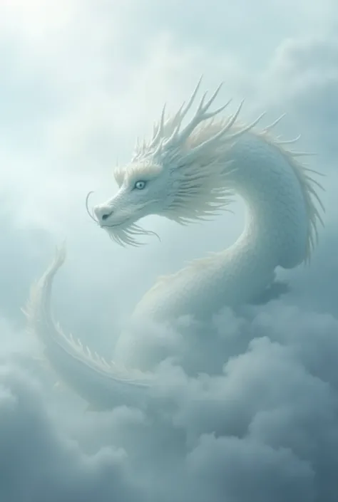 Amid the thick mist, a chinese white dragon’s silhouette moves with an elegant, fluid grace, like a whisper of ancient power