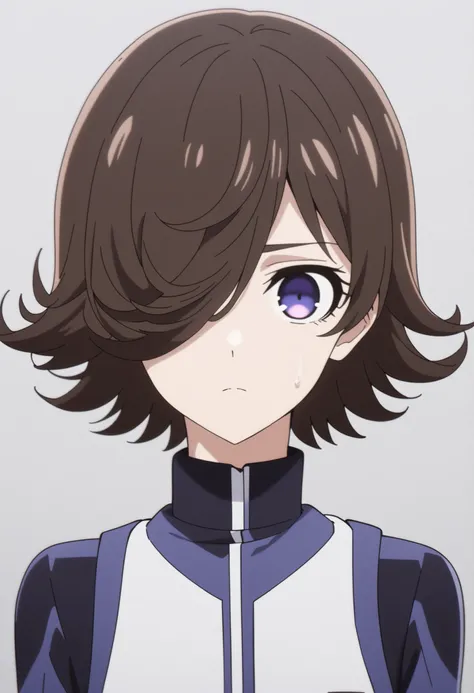(high-quality, breathtaking),(expressive eyes, perfect face) Symmetrical Eyes, 1femboy, solo, looking at viewer, short hair, bangs, hair covering eye, rice shower, Derby shoes , upper body, portrait, simple background, brown hair, blue lock anime, blue loc...