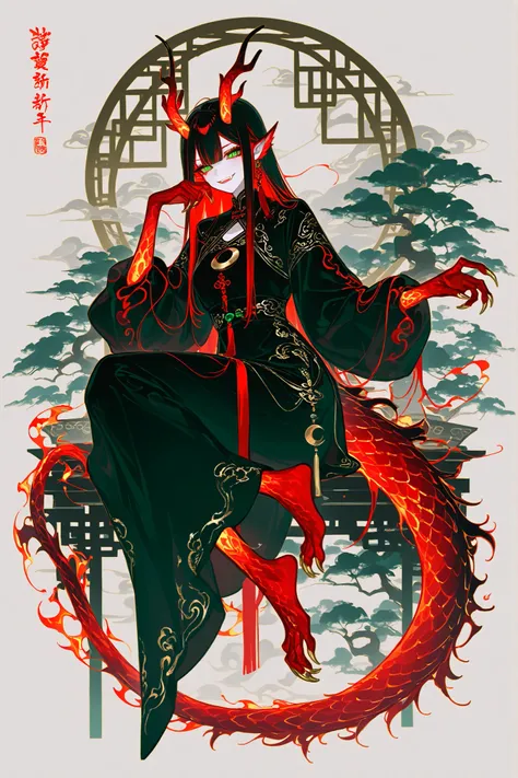 (xxx667_illu,dragon_hybrid,) Girl is golden-red dragon Lúng ,she is hybrid of Eastern dragon. She has a sporty feminine bodybuilding. Her face has asian features. She has green jade narrow eyes. She has a pale skin covered with golden-red scales. Her scaly...