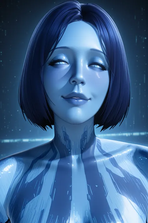 Gorgeous woman, Cortana (halo ), cartoon, 3D, blue skin, solo, full face, zoomed in, looking at viewer, blushing, seductive smile, puffy lips ,