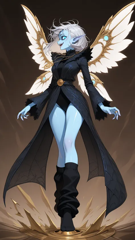 ((profile angle, semi-side view)) Icemagmb, ice,,1girl, arrogant, laughing, female focus, light blue skin, wild messy hair, crazy eyes, (brown streak in white hair:1), dark blue intricate clothing, white blue wings, old black socks, haphazard haircut, elf ...