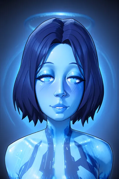 Gorgeous woman, Cortana (halo ), cartoon, 3D, blue skin, solo, full face, zoomed in, looking at viewer, blushing, seductive smile, puffy lips ,