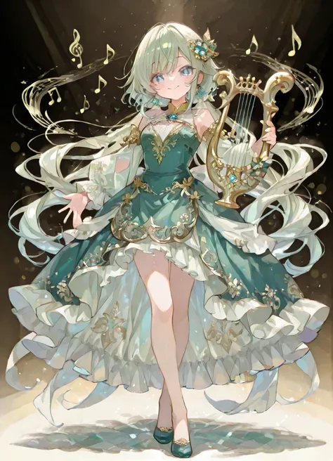 Masterpiece Fantasy Portrait、Graceful Medieval Bard、Delicate Golden Harp、Singing Girl、Light particles that express transparent singing voices、Popping Smiles、Shining Blue Eyes、Natural redness on the cheeks、Emerald Green Dress、golden embroidery embellishment、Long, flowing silver hair、Standing Full Body、pure white background、Fantastic Atmosphere、floating musical notes
