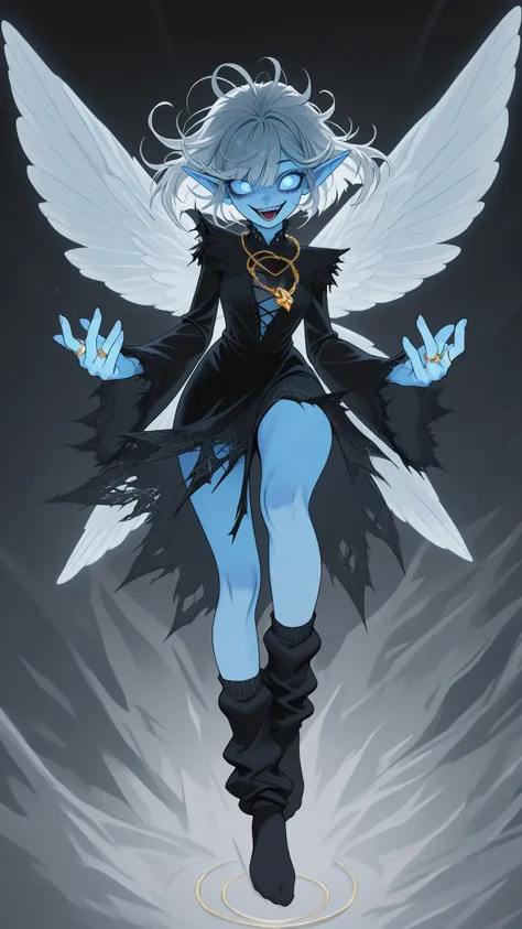 ((3/4 profile angle, semi-side view)) Icemagmb, ice,,1girl, arrogant, laughing, female focus, light blue skin, wild messy hair, crazy eyes, (brown streak in white hair:1), dark blue intricate clothing, white blue wings, old black socks, haphazard haircut, ...