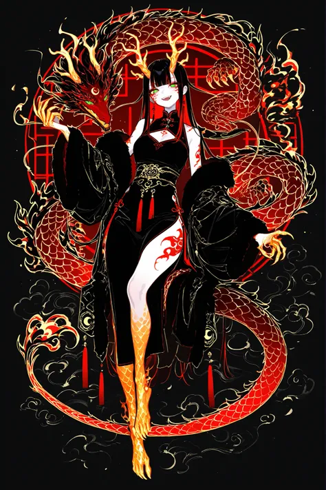 (xxx667_illu,dragon_hybrid,) Girl is golden-red dragon Lúng ,she is hybrid of Eastern dragon. She has a sporty feminine bodybuilding. Her face has asian features. She has green jade narrow eyes. She has a pale skin covered with golden-red scales. Her scaly...