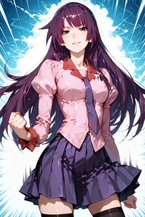 1 girl, hitagi senjougahara, long hair, hime cut, purple hair, blue eyes, long sleeves, puffy sleeves, pink shirt, untucked shirt, breast pocket, purple tie, purple skirt, pleated skirt, black thighhighs, zettai ryouiki, loafers, good anatomy, standing, a...