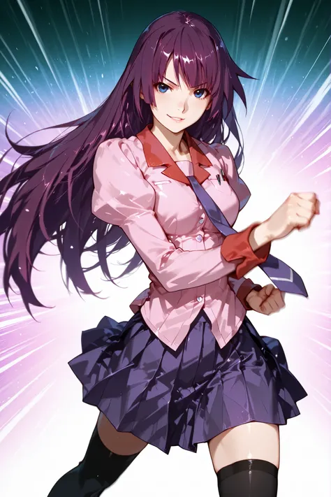 1 girl, hitagi senjougahara, long hair, hime cut, purple hair, blue eyes, long sleeves, puffy sleeves, pink shirt, untucked shirt, breast pocket, purple tie, purple skirt, pleated skirt, black thighhighs, zettai ryouiki, loafers, good anatomy, standing, a...