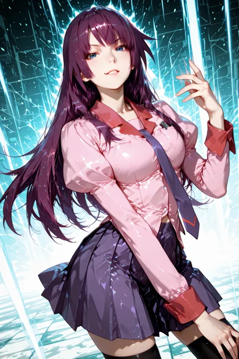 1 girl, hitagi senjougahara, long hair, hime cut, purple hair, blue eyes, long sleeves, puffy sleeves, pink shirt, untucked shirt, breast pocket, purple tie, purple skirt, pleated skirt, black thighhighs, zettai ryouiki, loafers, good anatomy, standing, a...