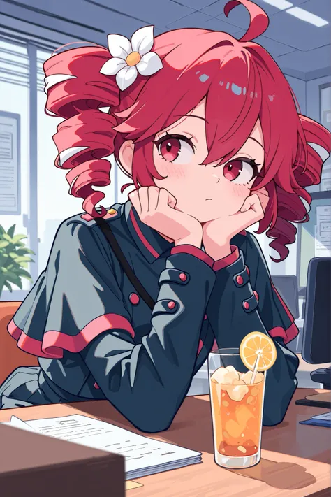 1girl,kasane_teto, minimalist coloring,looking to the side, head rest,drink,office,masterpiece, best_quality, absurdres, newest, very aesthtetic, solo, indoor, vases, flower vases 