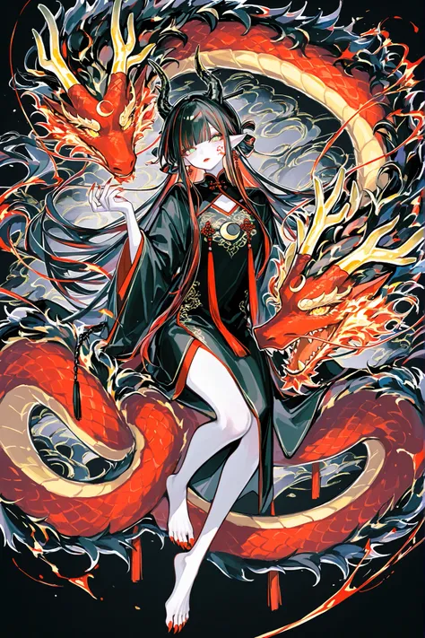 (xxx667_illu,dragon_hybrid,) Girl is golden-red dragon Lúng ,she is hybrid of Eastern dragon. She has a sporty feminine bodybuilding. Her face has asian features. She has green jade narrow eyes. She has a pale skin covered with golden-red scales. Her scaly...