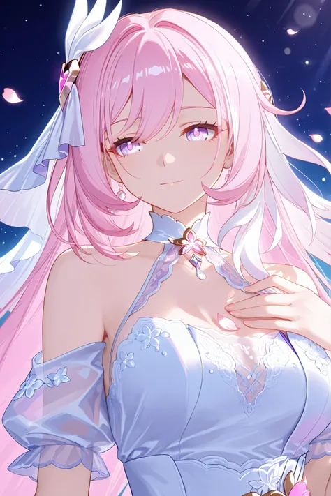 Elysia (Herrscher of Human: Ego, Honkai Impact 3rd), upper body focus, elegant and radiant, wearing a wedding-dress inspired outfit with intricate details.  
Her long pink hair flows gracefully, adorned with delicate flowers.  
She is holding a magical boo...