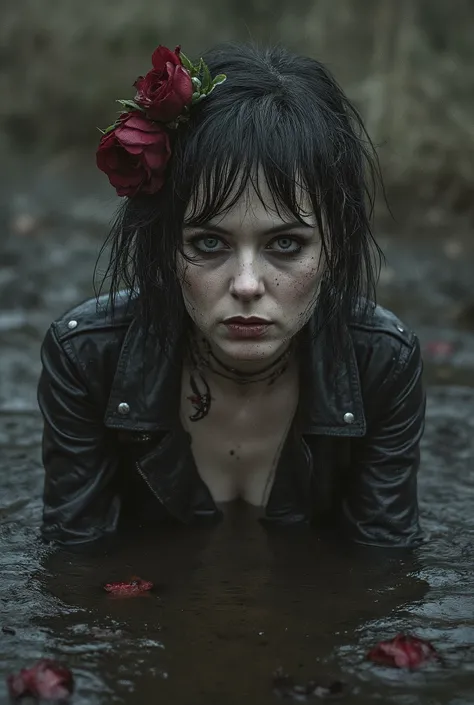 Extremely detailed head of a pale mature woman in a mud hole, wearing a biker leather jacket, washed ,victim , cloudy slurry, fashion style photo shoot provocative photo shoot , natural leather texture, cosmetics, loss of control , red rose, Goth...
