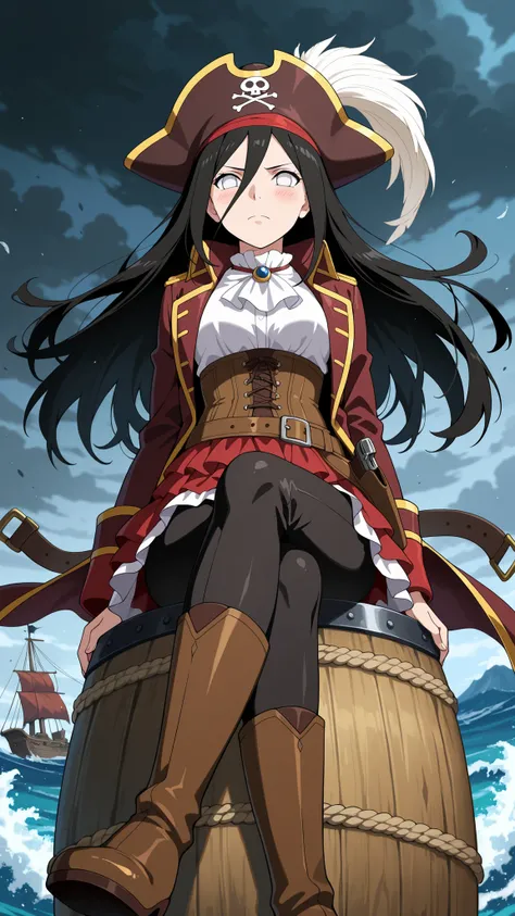 BREAK (masterpiece:1.2), best quality, high resolution, unity 8k wallpaper, (illustration:0.8), (beautiful detailed eyes:1.6),Wooden deck of an old pirate ship,
waves crashing violently against the hull,
sails torn and ropes whipping in the wind,
dar...