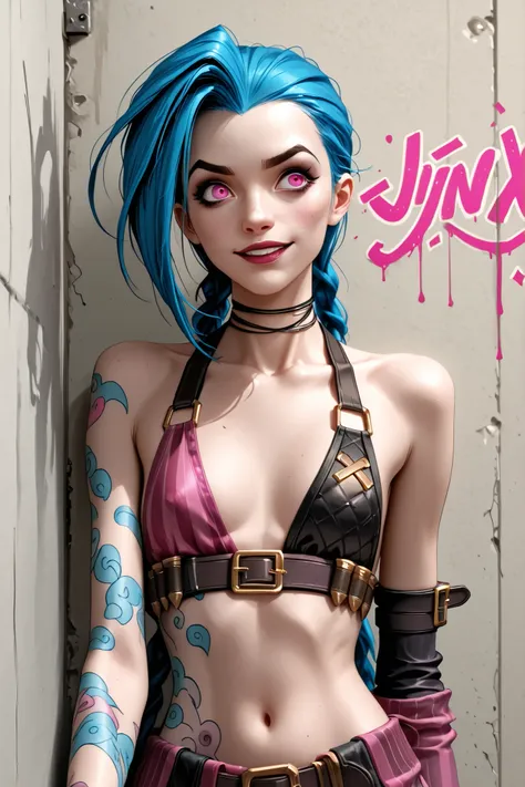 jinx: League of Legends leaning against a wall filled with graffiti
