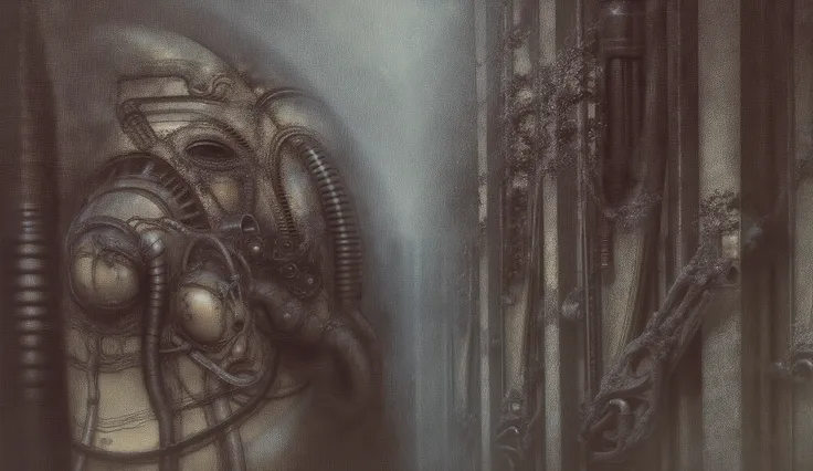 h. R. ギーガー's g1g3r, , ギーガー_style, The image is a detailed view of h.R. ギーガー's \" ニューヨーク市 \" 皿, featuring h R ギーガー's biomechanical is a digital artwork featuring vertical city set against a backdrop of 複雑な mechanical pipes and wires.. 輝く光源, 濃い曇りの霧, 蒸気の筋. ...