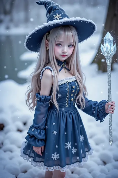 Change the tree branch that the girl is holding to a、magic wand with an ice crystal motif