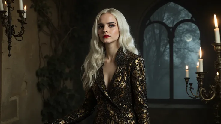 The image depicts a high-quality, HD representation of a pale-skinned vampire lady with striking long white hair cascading down her shoulders. She is elegantly draped in a black and gold silk suit that resembles the intricate patterns of a spider's web, sh...