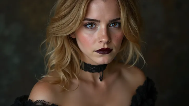 Create a photorealistic portrait of a stunningly beautiful Close-up blue eyes, blond young woman as a Ghotic courtesan 22 years old, with a sweet, girly appearance bearing a short off-the-shoulder black dress cinched with a black corset, fishnet tights, an...