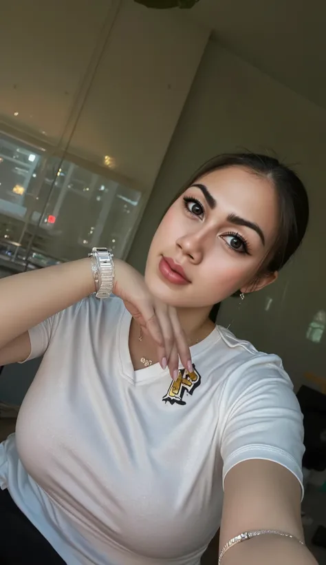 A beautoful plump muscle korean woman is taking a selfie in what appears to be a casual, indoor setting at night, possibly a cafe or lounge. She has long, straight black hair that flows over her shoulders and down her huge chest ( large cleavage visible )....