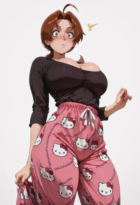 deliaketchum, brown hair, brown eyes, parted bangs, ahoge, ponytail, low ponytail, Solo, Delia Ketchum from Pokémon, BIG BREASTS , shiny skin, shiny hair, shiny body, clear body, white background, empty background, ,, , DYNAMIC POSE , white background, emp...