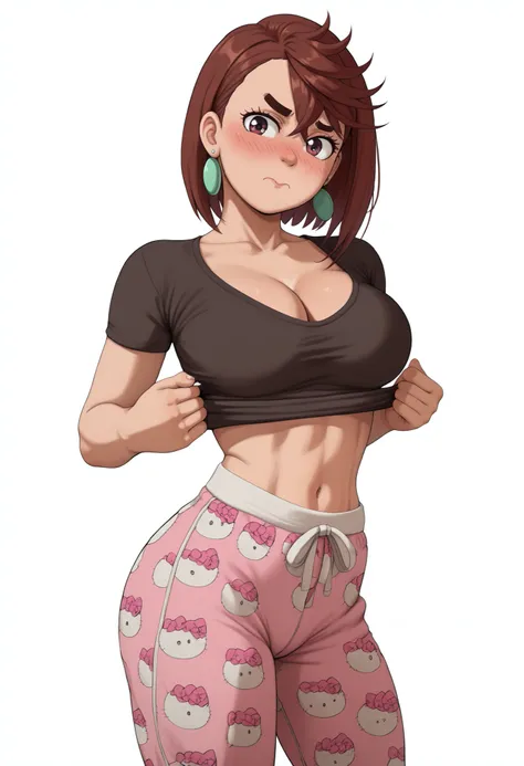 momo ayase, posing embarrassed , red face , short hair, brown hair, brown eyes, bangs, thick eyebrows, large breasts,, shy expression, blushing cheeks, detailed shading, soft shadows,, anime style, high detail, clean background. , CLEAVAGE, alone, earrings...