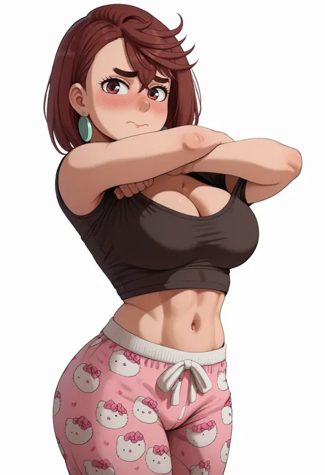 momo ayase, posing embarrassed , red face , short hair, brown hair, brown eyes, bangs, thick eyebrows, large breasts,, shy expression, blushing cheeks, detailed shading, soft shadows,, anime style, high detail, clean background. , CLEAVAGE, alone, earrings...