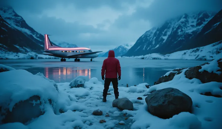 A cinematic miniature of the frozen wilderness of Alaska. In the distance, the ghostly figure of a dark tourist in a red jacket stares at the viewer. The plane glows faintly under the icy water. High contrast, dark atmosphere, minimal clutter, ultra-realis...