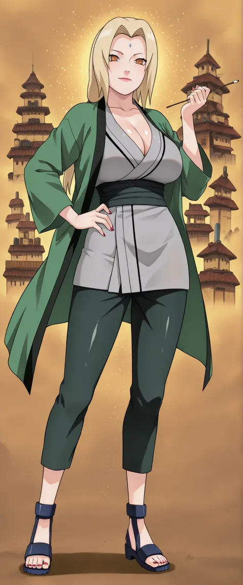 (Drawing for the Naruto anime:1.4),(Naruto anime color:1.2),(Mature Woman),(55 years old),(Tsunade),(5th Hokage-sama), Gold,masterpiece,best quality,highest resolution,high quality, solo,(large Breasts),(Super soft breasts:1.2),(slender body),(Three-dimen...
