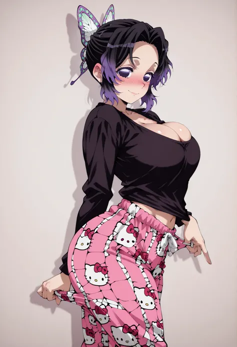 score_9, score_8_up, score_7_up, source_anime, shinobukochou, shinobu kochou, black hair, butterfly hair ornament, forehead, gradient hair, hair ornament, multicolored hair, parted bangs, purple hair, short hair, two-tone hair,, nose blush, looking at view...