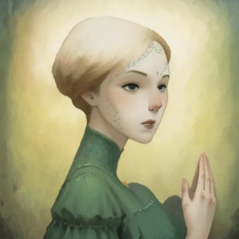 dkri style, 1girl, gorgeous, vibrant pale skin, perfect hands, black eyes, medieval green dress, fantasy aesthetic, painterly illustration, gouache painting, soft illustration, 2d art, abstract background, masterpiece, best quality, flat illustration, extr...