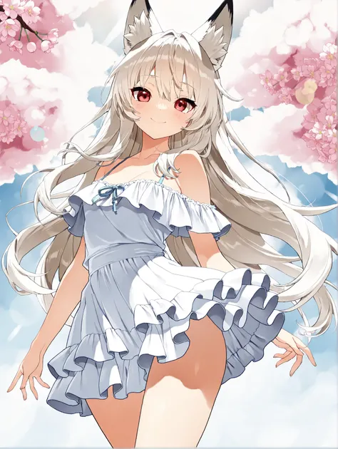 masterpiece、concept art、(Very detailed)、 (((masterpiece、Highest Quality、))) 、1 、amazing cherry blossom blizzard background、Multiple cherry trees、( fox ears、Off Shoulder、Platinum Blonde、long hair、Ruffle Skirt)、( やわらかなsmile )、 、 dreamy 、 Spectacular picture...