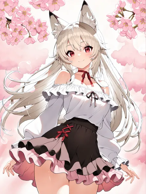 masterpiece、concept art、(Very detailed)、 (((masterpiece、Highest Quality、))) 、1 、amazing cherry blossom blizzard background、Multiple cherry trees、( fox ears、Off Shoulder、Platinum Blonde、long hair、Ruffle Skirt)、( やわらかなsmile )、 、 dreamy 、 Spectacular picture...