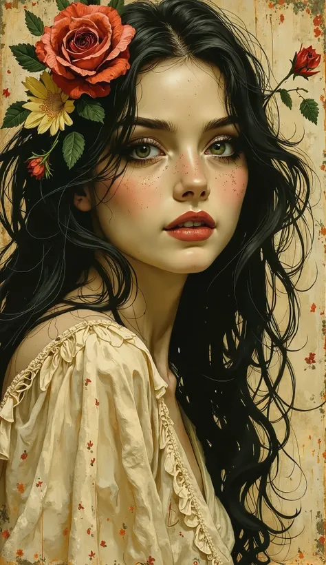 Vintage style, detailed line work, vibrant colors, imaginative themes, dynamic compositions . Classic aesthetics from 1920s to 1970s, sepia tones,pretty women, 25 old, flowers,by artists like Norman Rockwell, aged textures and nostalgic imagery, cinematic,...