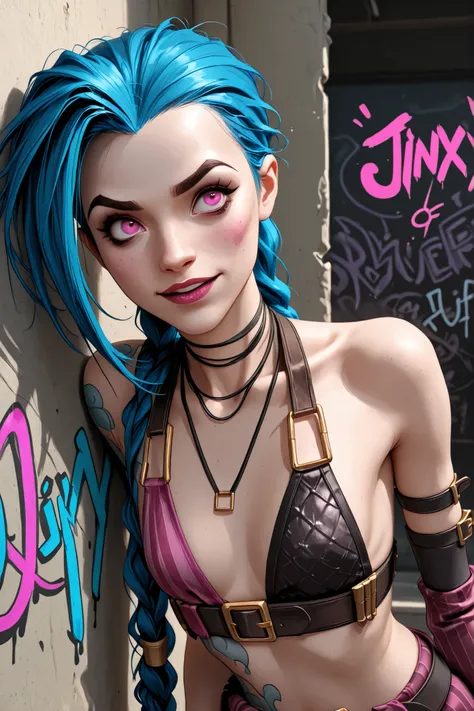 jinx: League of Legends leaning against a wall filled with vibrant graffiti