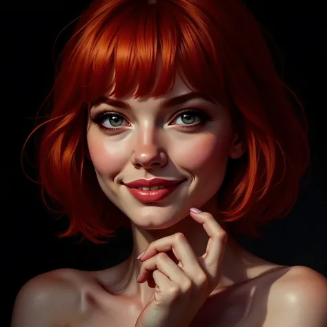 High-quality image: Bust shot of a beautiful red-haired woman, short, highly detailed layered hair, with bangs, frontal image. She looks at the camera with a happy and playful look. Full, wet, pink lips. Funny smile. Very detailed blue-green eyes, perfect ...