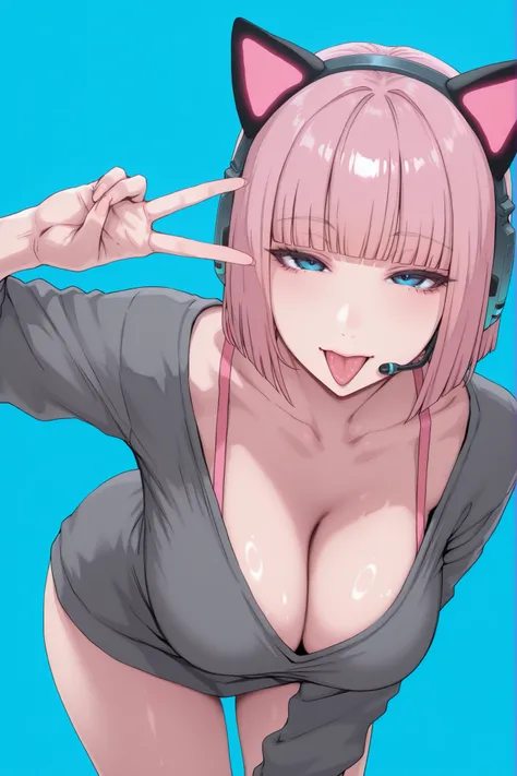 1 woman, pink short hair, blunt bangs, blue eyes, cat ears, light skin, headset, dark gray sweatshirt, peace sign, leaning forward, tongue out, blue background