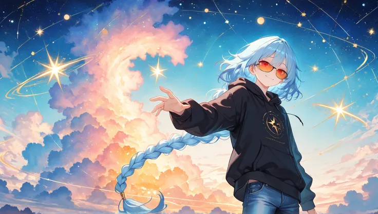 Masterpiece, highest quality, cowboy shot, kawaii anime, soft light, creative scenery panorama, pastel art, watercolor, anime background, ultra aesthetic composition, 1 boy, very long single braid pale blue hair, red eyes, black hoodie, jeans, smile, flat ...