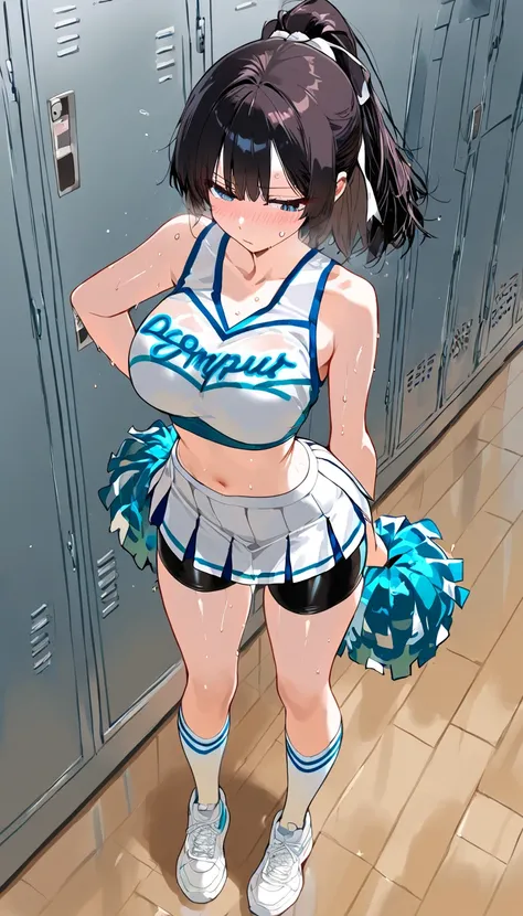 (Beautiful Girl : 1.3),1 girl,(ARW),(Cheerleader, with pompoms,pleated skirt,sweat,bike shorts,high socks,Sneakers),dark haired,Ponytail,is embarrassing,Blush,Standing,locker room,Dynamic Angle,masterpiece,Highest Quality,rich contrast,high image quality,8k,High Definition CG Unit Wallpaper,texture,unbelievably absurd,RAW pictures,Deep Border 1 .2,Highly Detailed