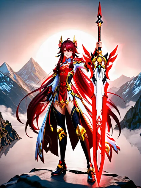 8k ultra hd, realistic, hyperdetailed, 3d rendered, masterpiece, mountain landscape, solo, 20 years old , yandere, elesis sieghart(elsword), sword holding girl, red hair, long hair, red eyes, perfect hands (5 parmak), irelia, hu tao, white and red armore...